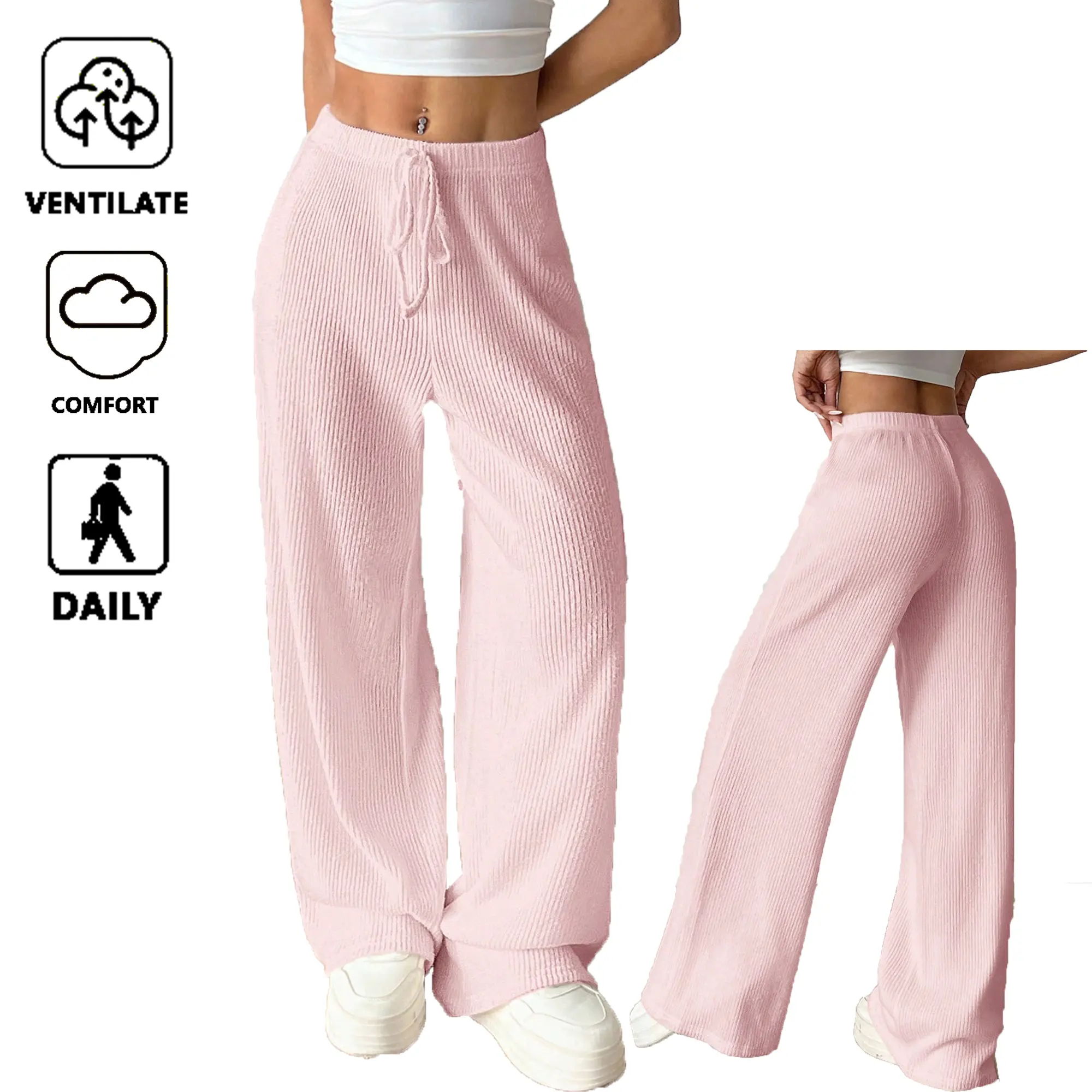 Women’s High-Waisted Vertical Ribbed Wide-Leg Bottom Trousers - Drawstring, Floor-Length, Fluid Drape, Soft Smooth Comfortable Breathable Wear, Elegant Relaxed Cut - Ideal for Everyday Casual, Back to School Shopping