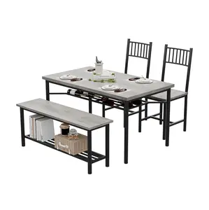 Dining Table Set for 4 with Bench and 2 Chairs, Rectangular Kitchen Table Set with Wine Rack, Dining Room Table Set for 4 with Storage Benches for Small Space, Apartment