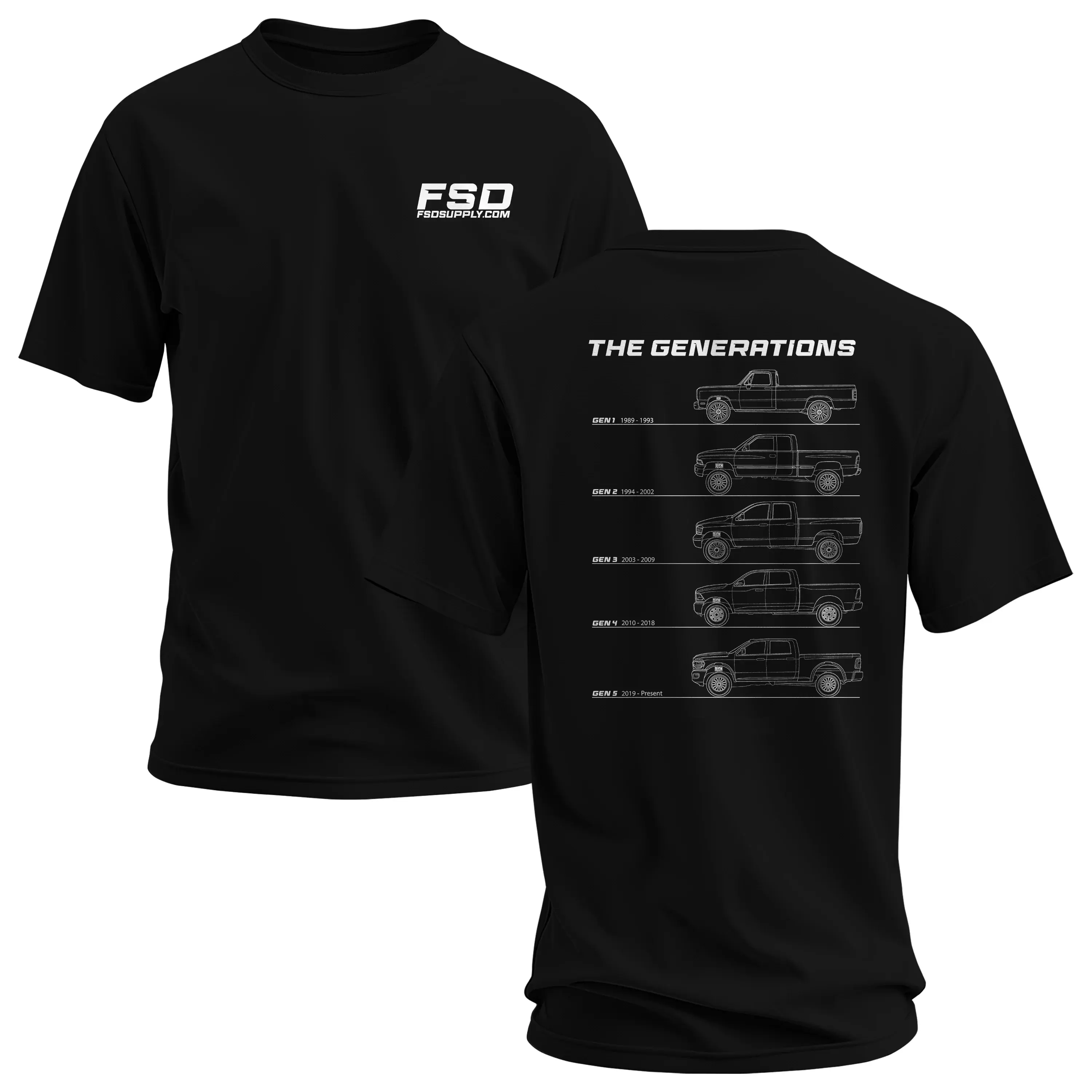 Unisex Dodge Ram Pickup Truck Generations Graphic Tee, 2-Sided Print, 100% Cotton Shortleeve Tops - Classic Truck Evolution Streetwear, Comfortable Casual Wear Apparel for Dodge Fans - Men's Automotive Fashion Shirt, Shortsleeve, Everyday, Printed, Tshirt