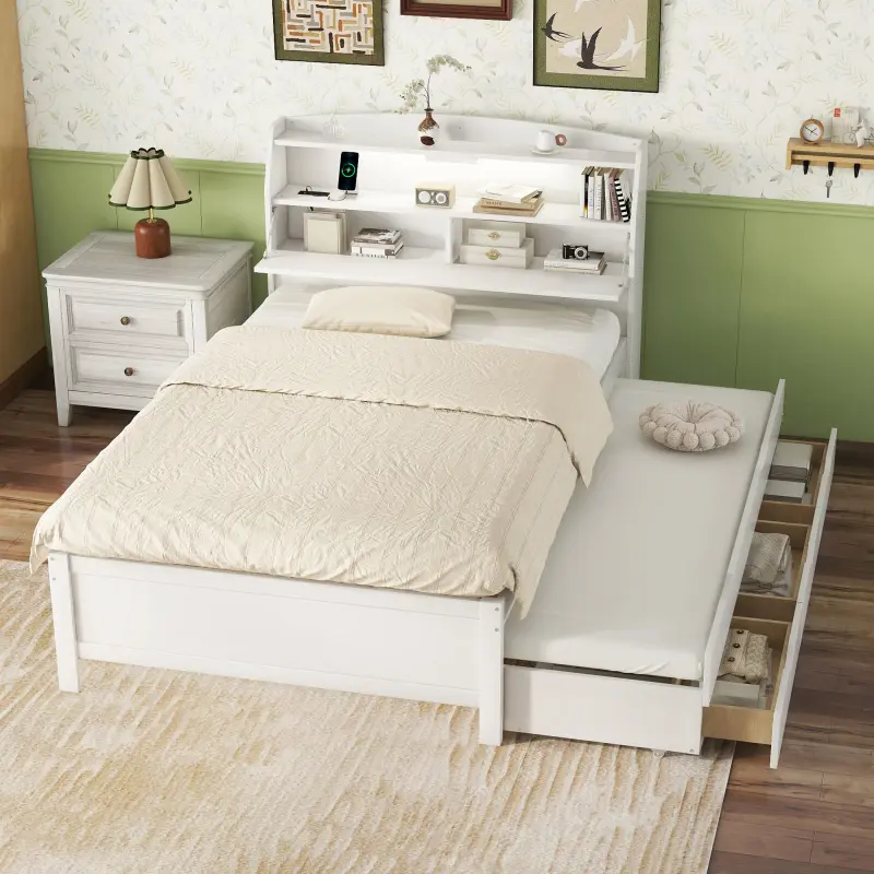 Full Size Bed Frame with Trundle and  LED Storage Headboard, Wooden Full Platform Bed with USB Outlets and 3 Drawers, Full Captain Bed, Full Storage Bed for Bedroom, No Box Spring Needed,White