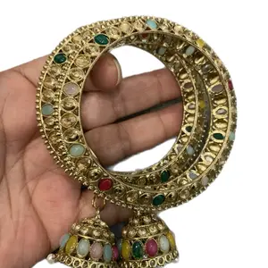 Dark Gold Bangle Set with Jhumar for Women - Multicolor Gemstone Accents and Elegant Design