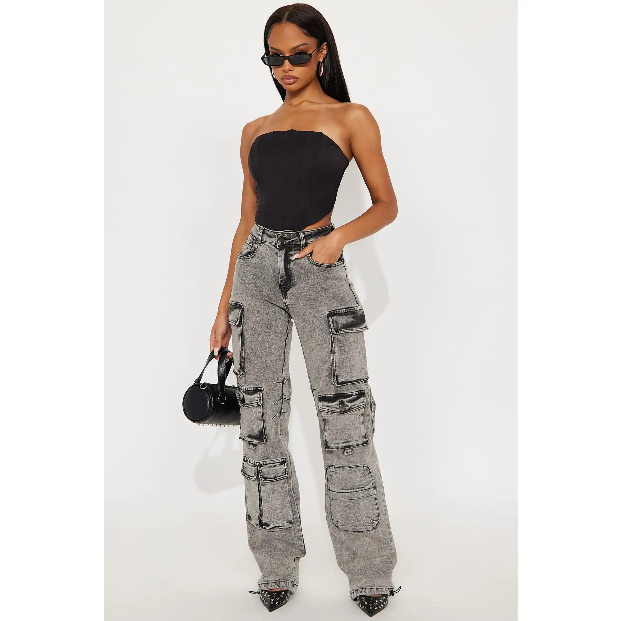 Tall Fairfax High Rise Stretch Cargo Jeans - Acid Wash Grey