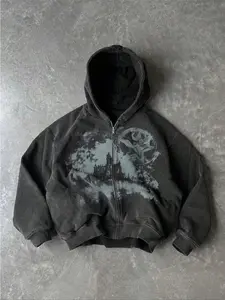 Men's Hooded Zipper Sweatshirt, Graphic Print Hoodie, Cotton Casual Loose Fit Long Sleeve Top with Cartoon Castle Print, Fall & Winter Daily Wear, Graphic Hoodies