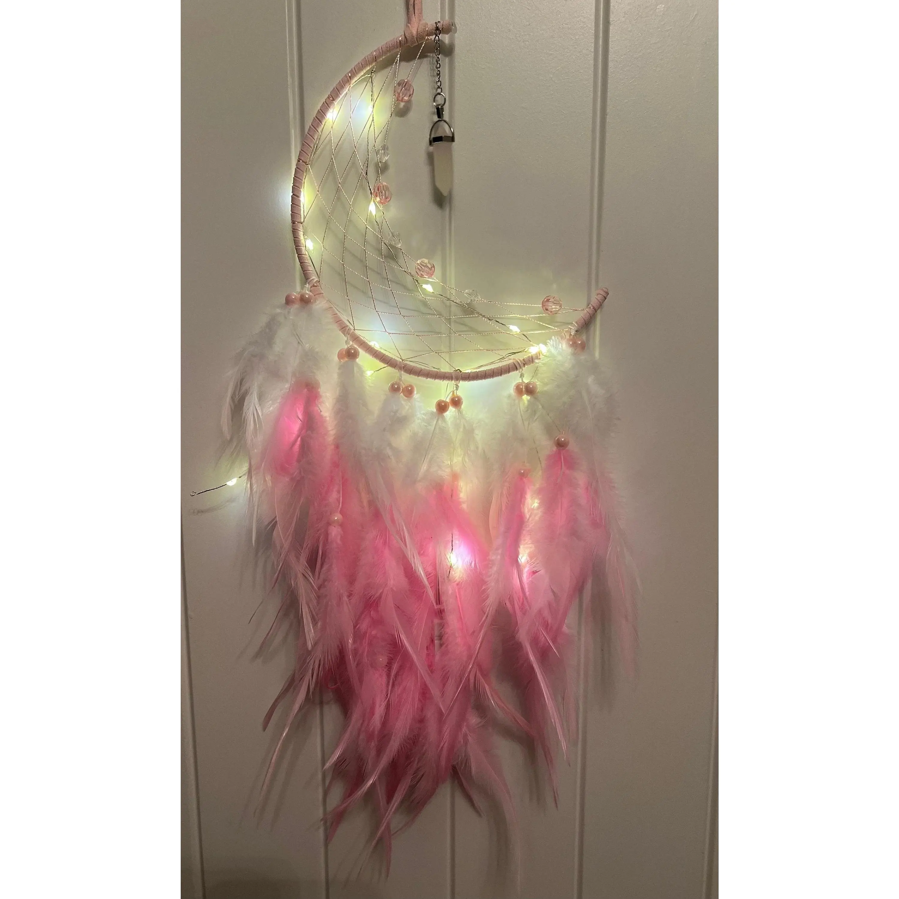 Activated Pink Dream Catcher | Crescent Moon With Feathers | Lights | Quartz