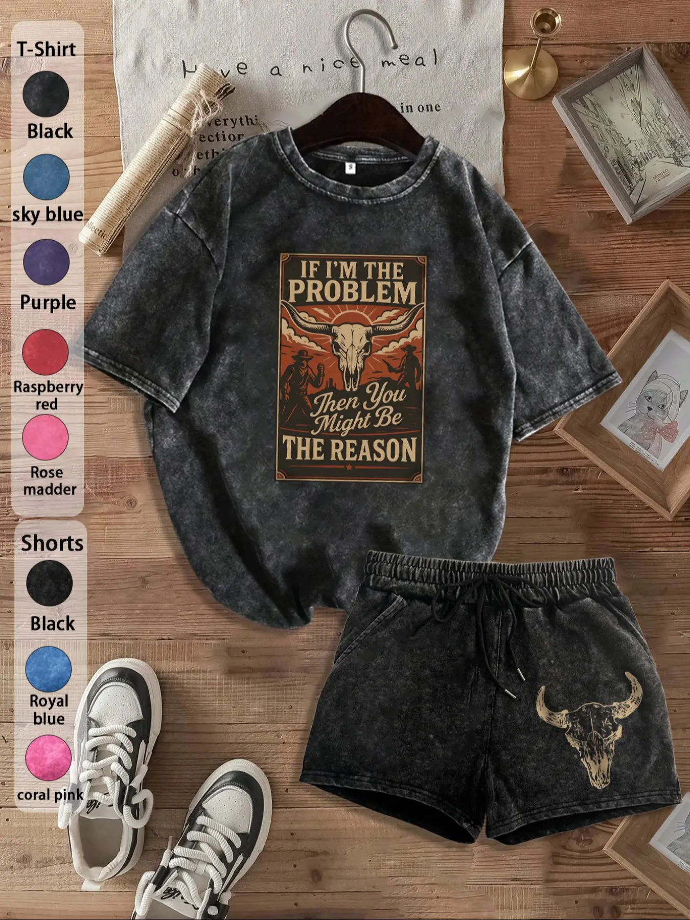 Two-Piece Set Women's Vintage Cow Horn Print Short Sleeve Tee & Skinny Shorts, Casual Round Neck T-shirt & Shorts for Daily Wear, Ladies Summer Clothes, Suits, Casual Loungewear Set, Casual Matching Set, Shorts Outfit Set, Casual Fashion Set