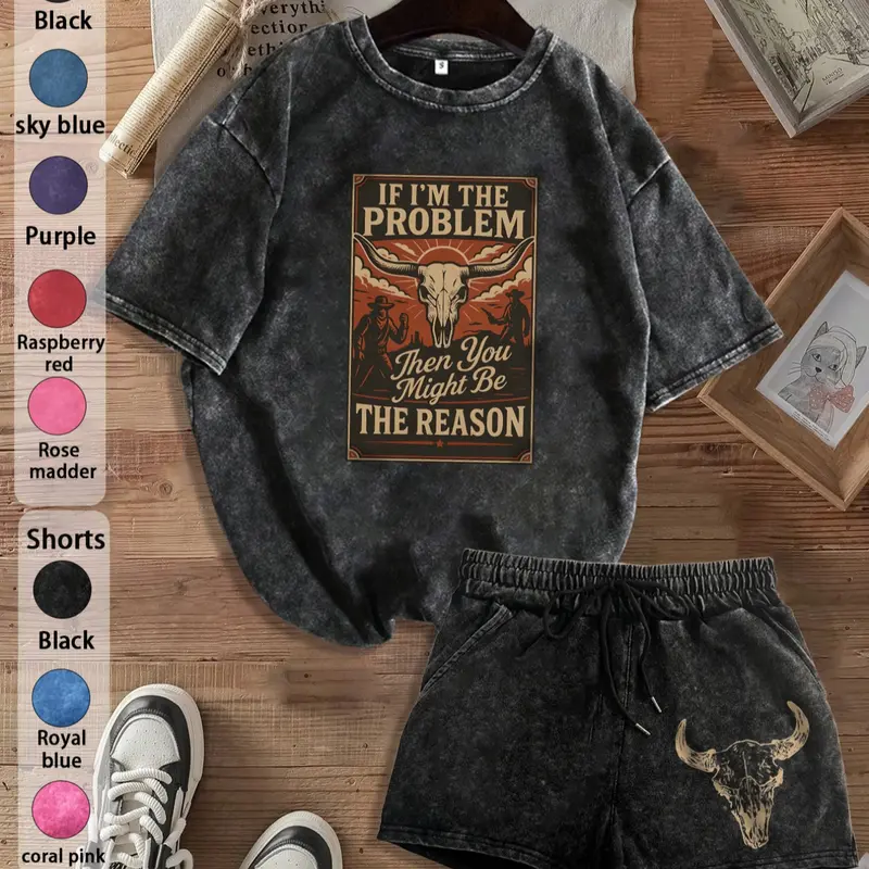 Two-Piece Set Women's Vintage Cow Horn Print Short Sleeve Tee & Skinny Shorts, Casual Round Neck T-shirt & Shorts for Daily Wear, Ladies Summer Clothes, Suits, Casual Loungewear Set, Casual Matching Set, Shorts Outfit Set, Fashion Style Sets