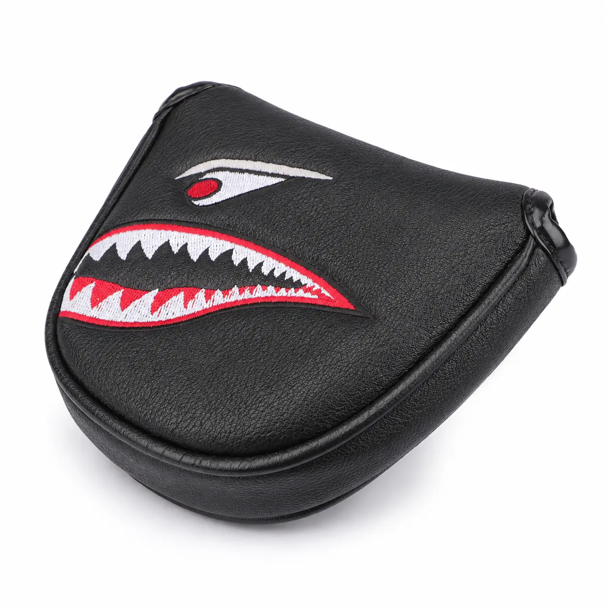 Shark Teeth Mallet Putter Cover, Black Funny Shark Golf Putter Headcover with Red Eyes, PU Leather Golf Club Cover