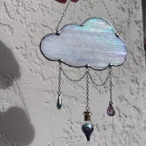 Stained Glass Iridescent Pearly White Cloud Suncatcher with Raindrop Gems! Handmade Stained Glass Hanging Art Decoration to enchant your home!