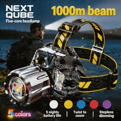 5-Color Rechargeable Headlamp, Long-Range LED Head Light with White, Yellow, Blue, Red & UV Light Modes, Adjustable Headband for Camping, Hiking, Fishing & Hunting