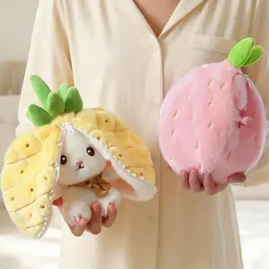 2-in-1 Bunny Plush Toy Cosplay Strawberry Durian Persimmon Pineapple Fruit Bunny Plush Kawaii Transforming Rabbit Stuffed Toy for Kids Stuffed Animal Gift