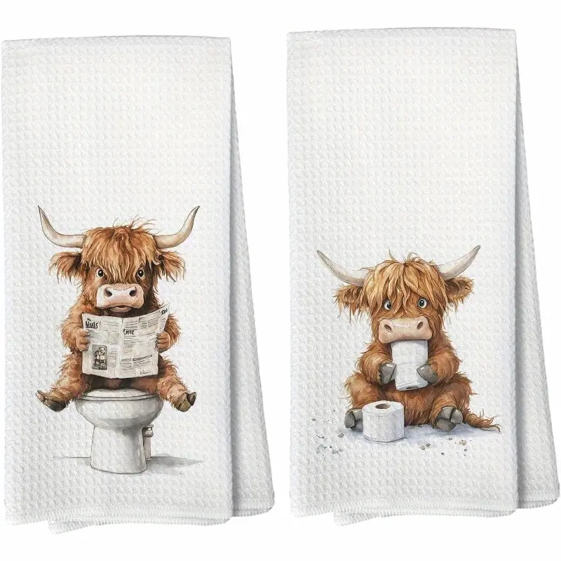 2pcs Scottish Highland Cow Bath & Kitchen Towels - Soft Microfiber Farmhouse Decor with Adorable Highland Cow Print (Brown/White/Black) - Cute Toilet Paper Roll Design for Bathroom, Housewarming Gifts, Showers & Scottish-Themed Parties