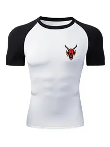 Demon Graphic Short Sleeve Compression Shirt for Men, Gym Workout Running Sporty Tees, Summer Quick-Dry Breathable T-Shirt, Tight Fit Round Neck Undershirt Baselayers, Unique Demon Graphic Print