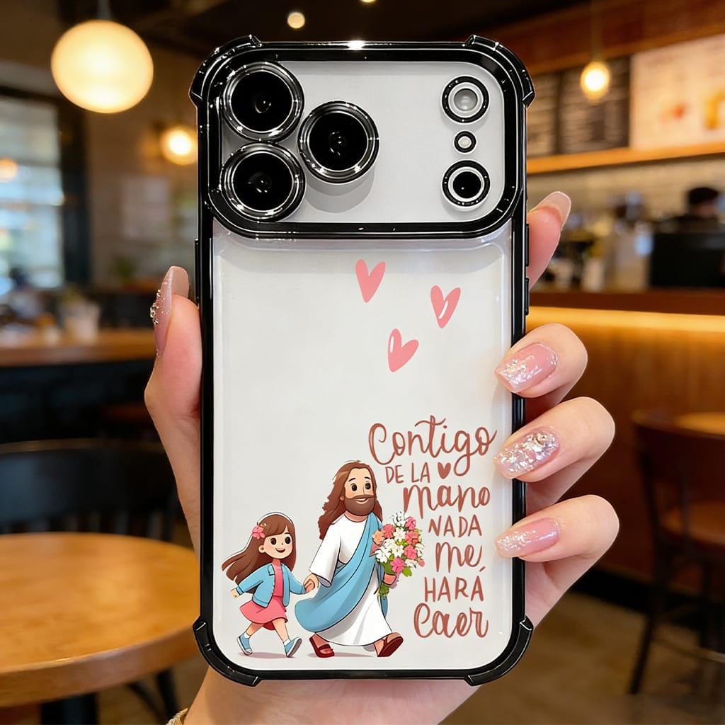 Contigo De La Mano Nada Me Hará Caer Jesus & Girl Phone Case for iPhone 11 12 13 14 15 16 17 Pro Max Plus Air, Christian Faith Rose Gold Clear Shockproof Cover, Religious Gift for Women Girls DDSJ260404012