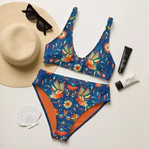 Otomi Bird Floral Bikini Set Women High Waist 2 Piece Mexican Folk Art Print Swimsuit Boho Beach Summer Vacation Colorful Comfy Bathing Suit Tropical Festival