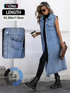 Elegant Casual Women's Fashion Summer Versatile College Style Minimalist Sleeveless Long Windbreaker Denim Jacket, Stylish and Comfortable Outerwear Denim Waistcoat