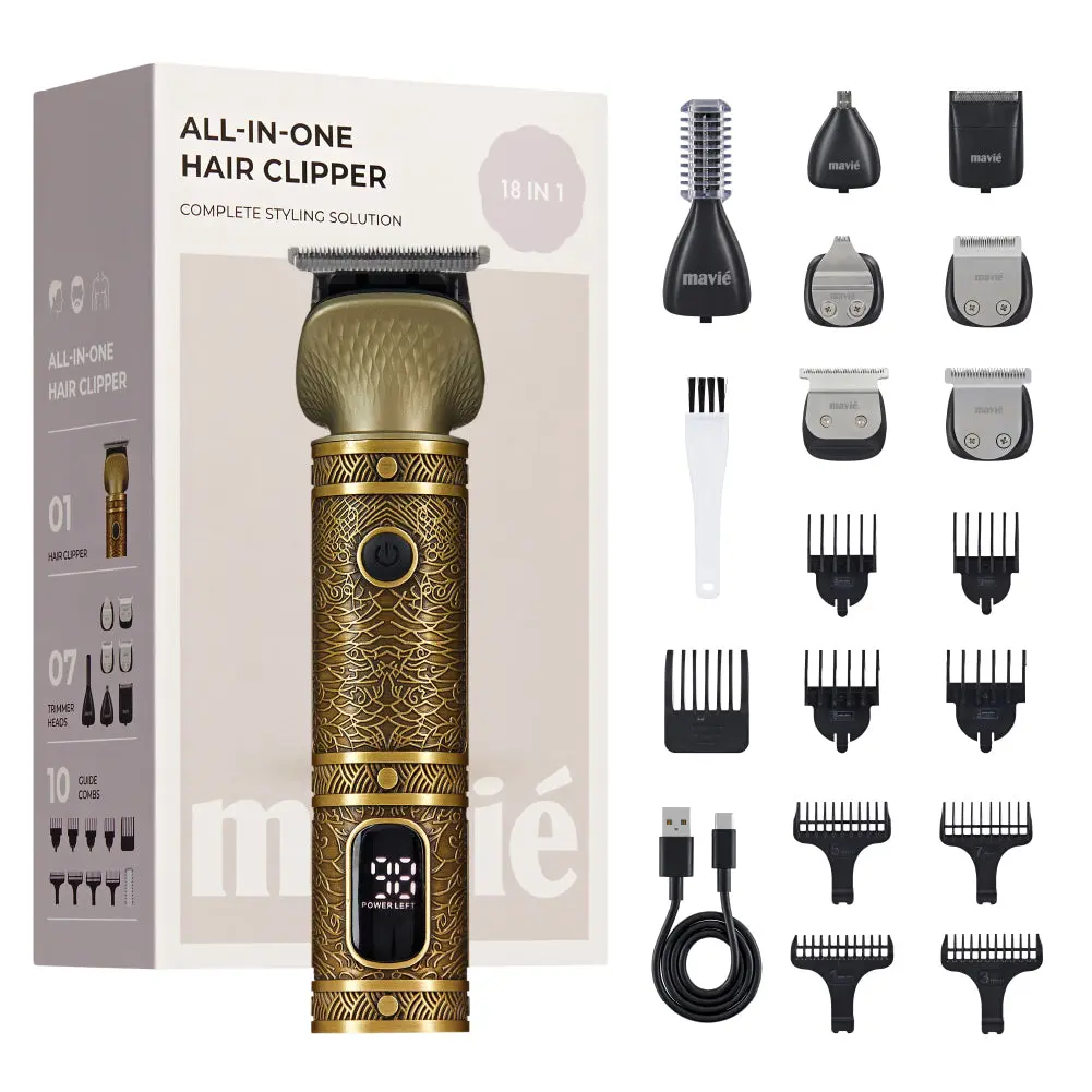 Mavié 18-in-1 All-in-One Hair Clipper and Beard Trimmer for Men, Cordless T-Blade Trimmer Grooming Kit with 7 Trimmer Heads & 10 Guide Combs, Type-C USB Rechargeable with LCD Battery Display