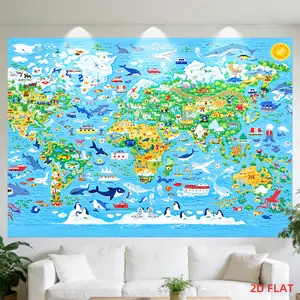 2D Flat，Large Size Pattern Printing Backdrop - World Map, Cartoon, Animals, Ocean, Continents, Room Wall Decoration, Not Luminous, Suitable for Bedroom, Living Room, Meditation Area, Office, Party Decoration