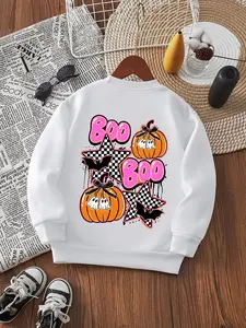 Girls' Halloween Ghost Bat Pumpkin Print Sweatshirt, Casual Fitted Long Sleeve Pullover, Fall & Winter Thicker Kint Fabric Top