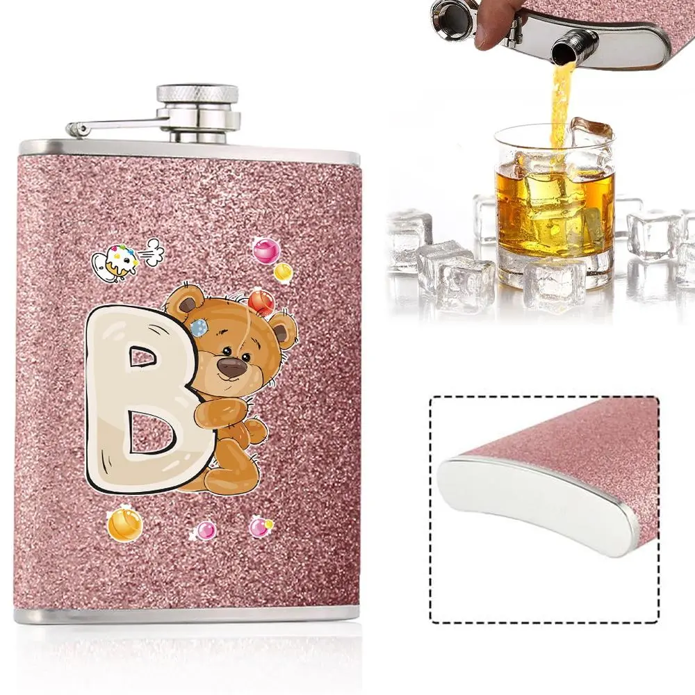 8oz Glitter Bear Initial Name Pattern Hip Flask, 1 Count Stainless Steel Whiskey Wine Bottle with Screw Cap, Leakproof Flagon for Outdoors