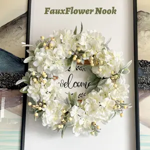 ZMOCEN-22-Inch Artificial Spring Summer Door Wreath with Hydrangeas Lamb's Ear Leaves & Berries Versatile Farmhouse Home Decor for Indoor Outdoor Use Wedding Parties Wall Window Decor