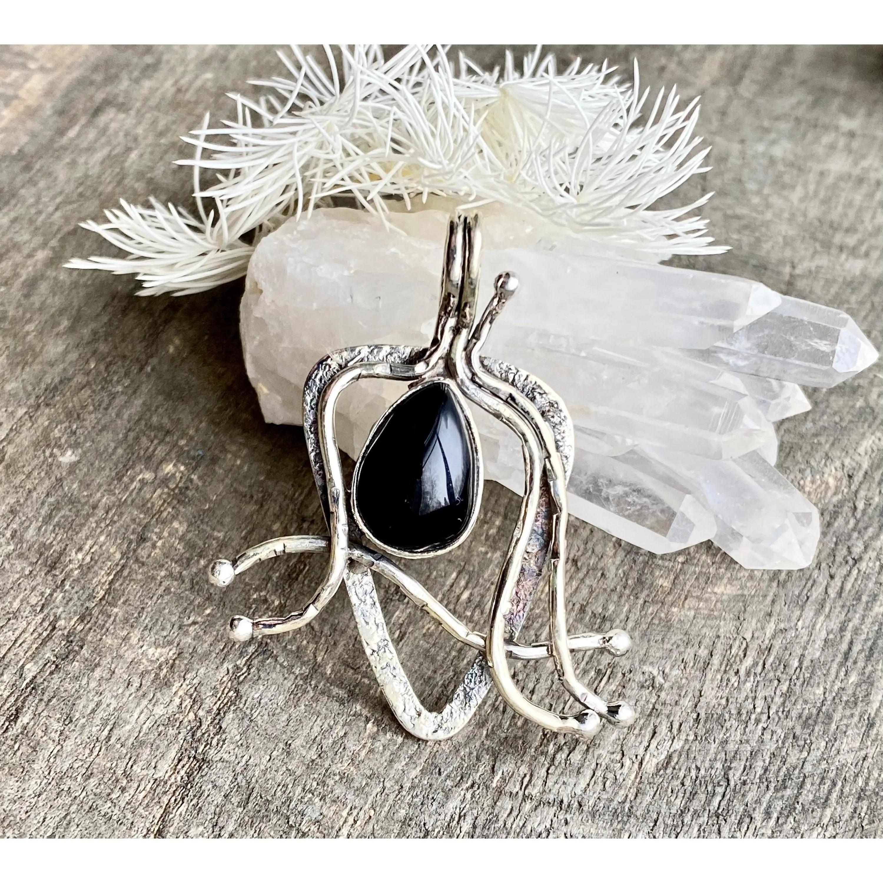 Black Onyx 925 Silver Handmade Pendant - Crystal Healing Meditation