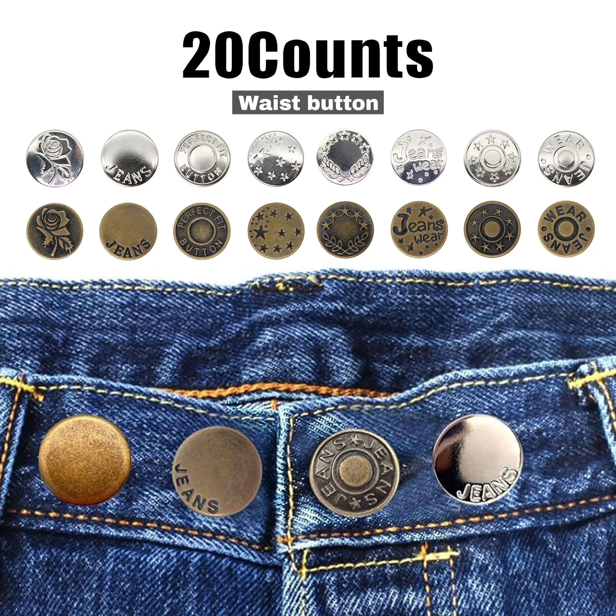 20 Counts Jeans Buttons Replacement, No Sew Adjustable Metal Buttons with Screwdriver and Storage Box, Random Styles