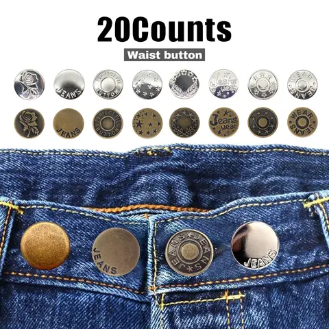 20 Counts Jeans Buttons Replacement, No Sew Adjustable Metal Buttons with Screwdriver and Storage Box, Random Styles