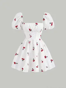 Cherry Print Ruched Bust Puff Sleeve Milkmaid Dress