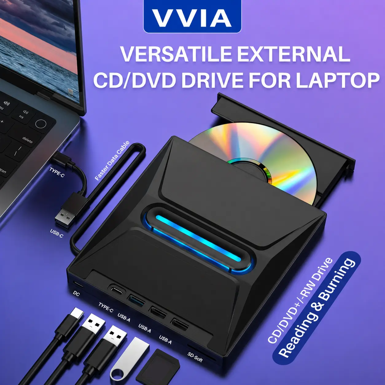 New Luminous 3 USB 3.0 External CD/DVD Drive, Typ C Portable CD/DVD+/-RW Drive/DVD Player Hub with SD Card Reader, Compatible with Windows, Linux, and Apple Operating Systems