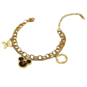 Disney Mickey Four-Leaf Clover Double-Layer Bracelet with Gold Chain and Charm Design for Disney Fans Playful and Stylish Jewelry