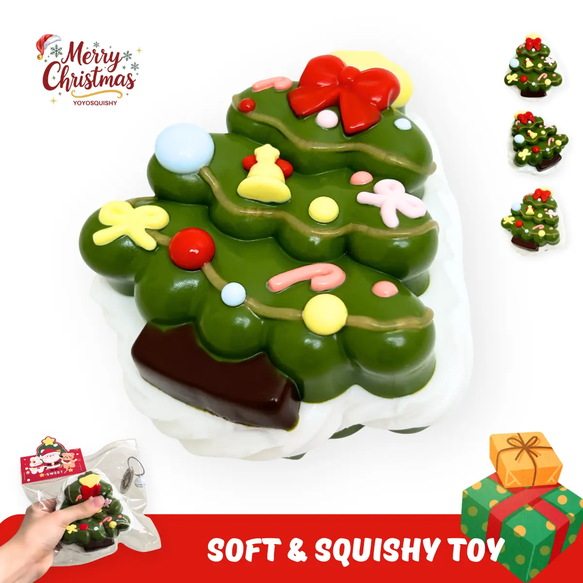 YOYOSQUISHY Handmade Taba Squishy Christmas Tree Cookie Stress Relief Toy - Food-Grade Silicone, Hand-Painted, Soft Muddy Texture, Slow Rebound Stress Relief Model, 8.8 × 10 × 4.6 Cm, 190-200 g, Gift Box Fidget Toy Gift Accessory, Relaxation