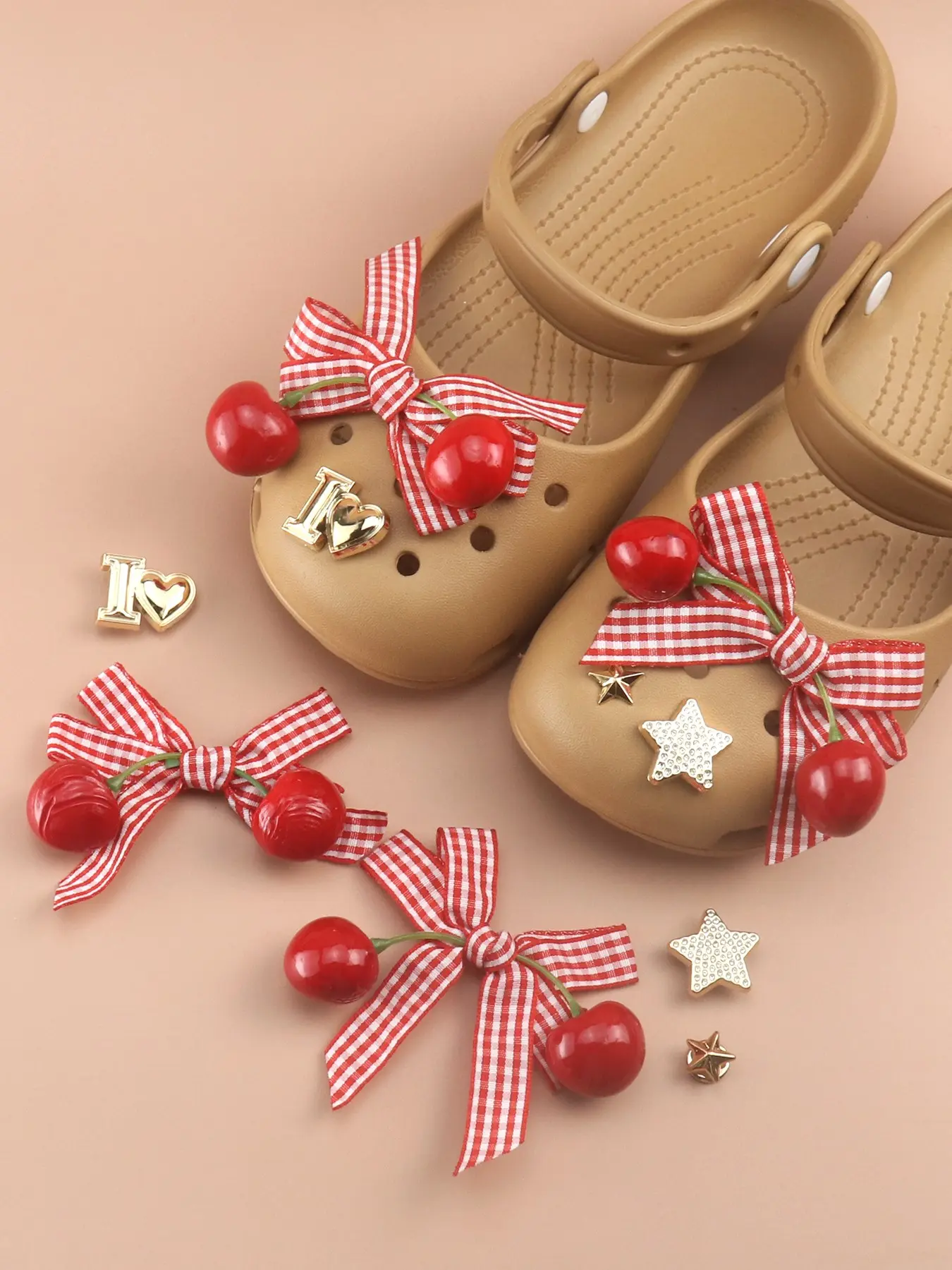Cute Cherry Bow Shoe Charms Set, Decorative Shoe Accessories, Red Plaid Bowknot & 3D Cherry Decorations, Bling Star Charms, Removable DIY Shoe Decoration Charms for Clogs Sandals, Summer Shoes Accessories, Shoe Ornaments for Girl