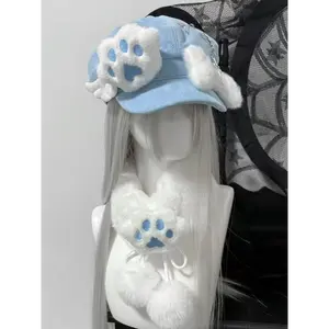 Light blue fluffy cat paw beret, bone-themed subculture beret, cute and unique gift for otaku culture