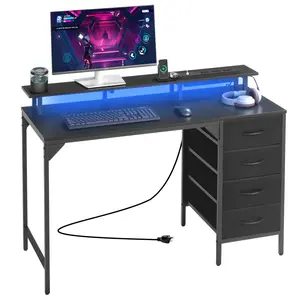 【Summervibes】VEVOR 47" Computer Desk with LED Lights & Power Outlets, Gaming Table with 4 Large Drawers, Office Desk with Monitor Stand, Study Work Home Office, Small Spaces, Black