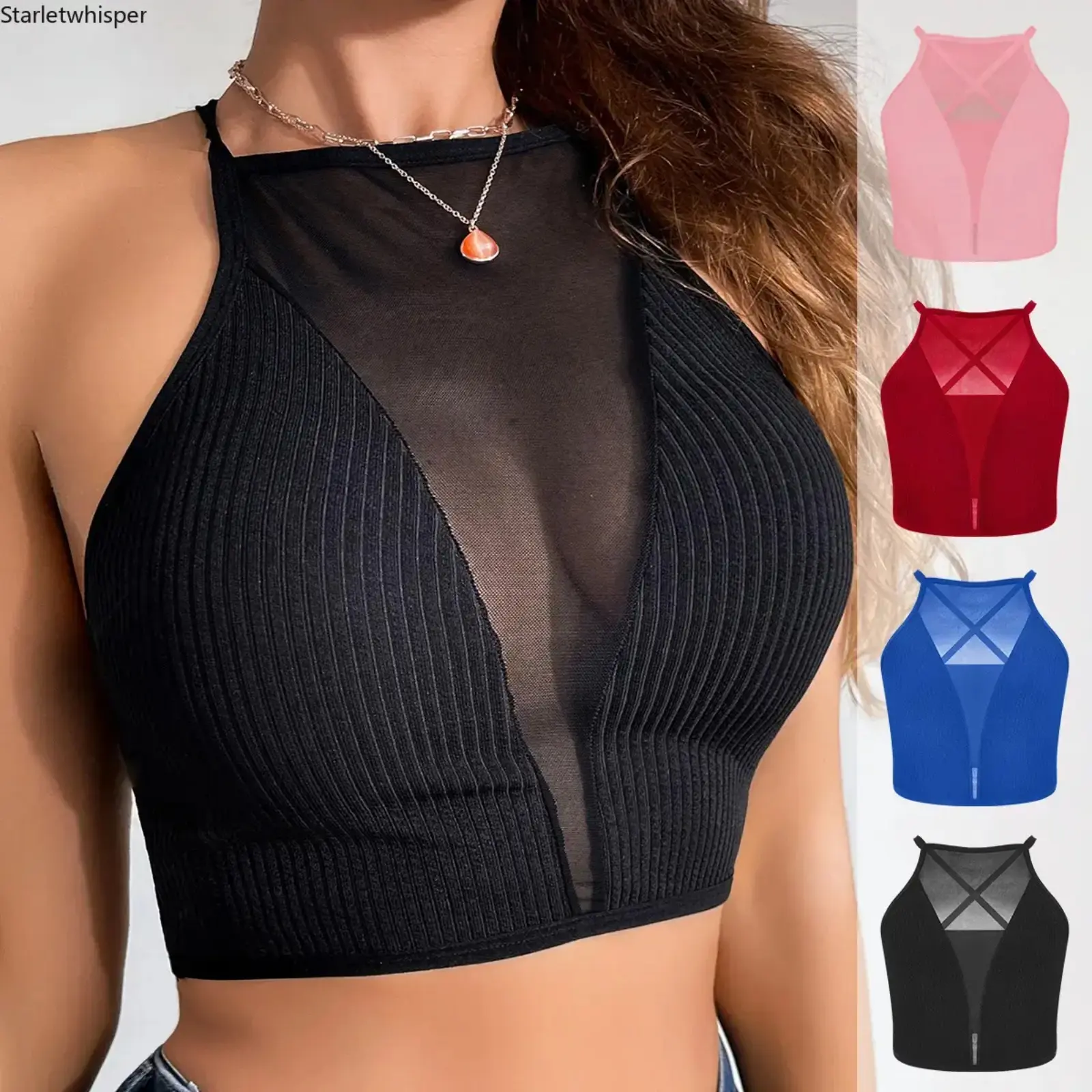 5Pcs Sheer Mesh Crop Top, Sleeveless Stretch Ribbed Bralette, Adjustable Backless Slim Camisole, Soft Comfort Basic Tops, Trendy Casual Lingerie for Daily Spring Outfit Matching