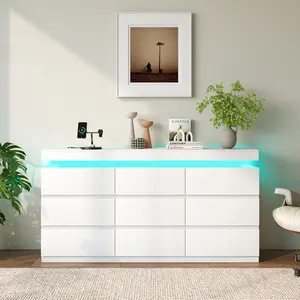 Modern 9-Drawer Dresser With Power Outlet - Storage Cabinet With Led Lights, Wide Chest Of Drawers With Charging Station, Organizer For Bedroom, Closet, Living Room