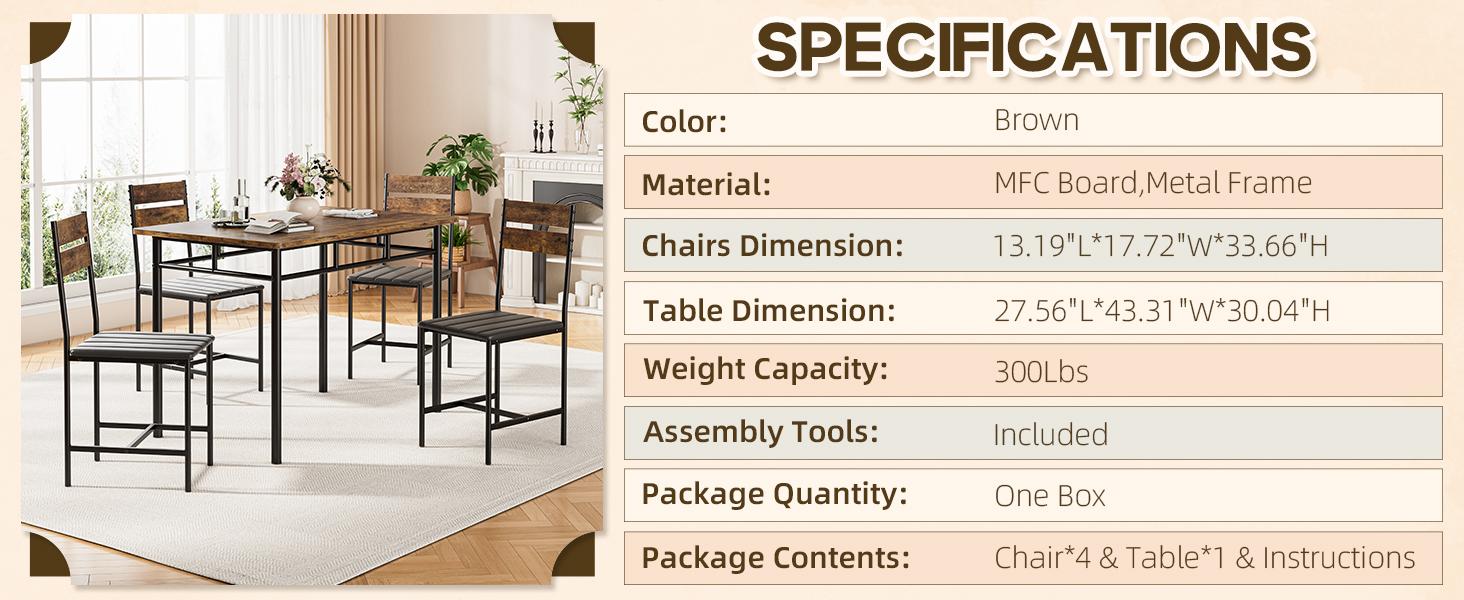 Dining Table Set for 4, Retro Kitchen Table and Chairs Set for 4, Metal Frame, Space-Saving Table and Chairs Set of 4 for Small Place, Living Room, Breakfast Nook