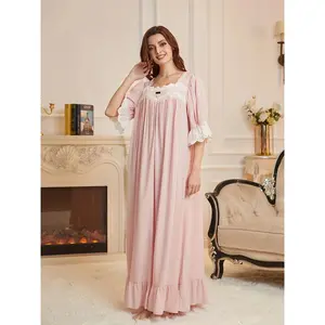 Womens Vintage Flair Lace Sleepwear Dress - Soft Solid Contrast, Bell Sleeve Square Neck, Dreamy Ruffle Hem Maxi Nightgown - Effortless Comfort & Feminine Elegance