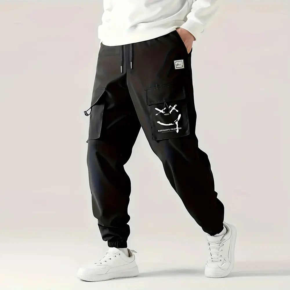 Black American street-style cargo jogger pants, high-street functional-style printed long pants, trendy versatile casual athletic pants, streetwear casual long pants