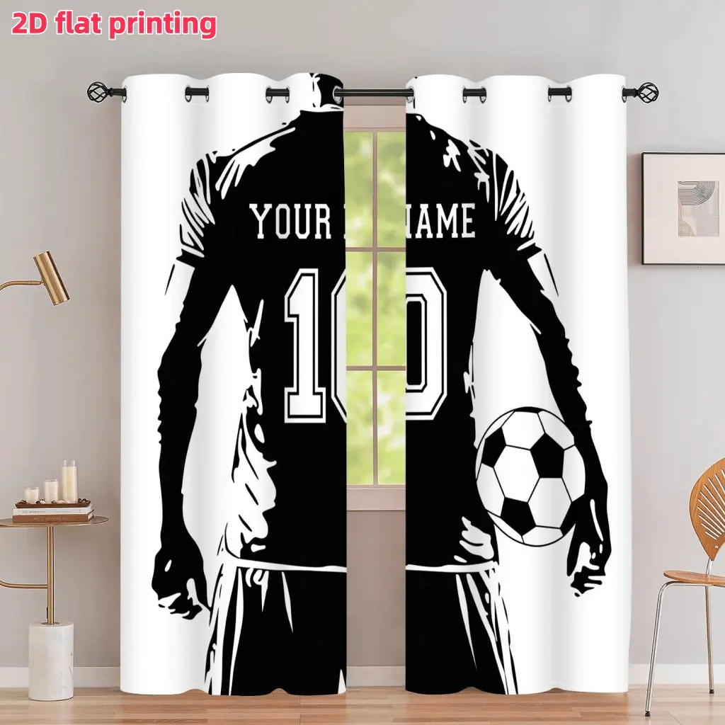 2D Flat 2Pcs Personalized Custom Football Jersey Number Name Printed Curtains, Sports Style Soccer Player Holding Ball Design, Grommet Top Semi Sunshade Window Drapes, Suitable for Living Room Bedroom Study Decoration, Anti Privacy