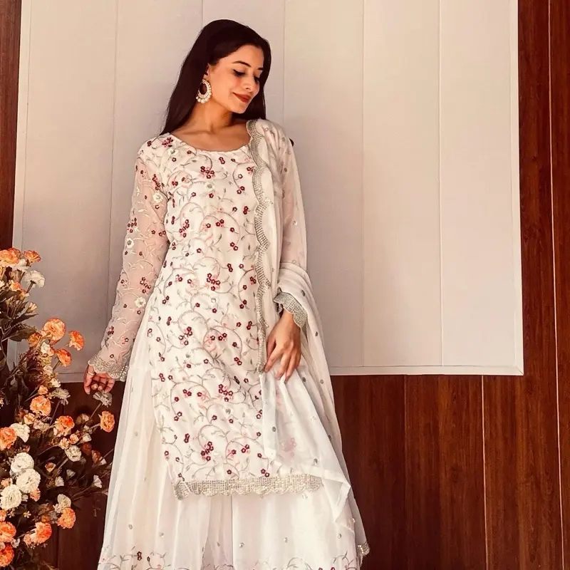Women's white sharara Suit - Formal Indian Wedding Casual Wear with Elegant Design and Comfortable Fit - Womenswear