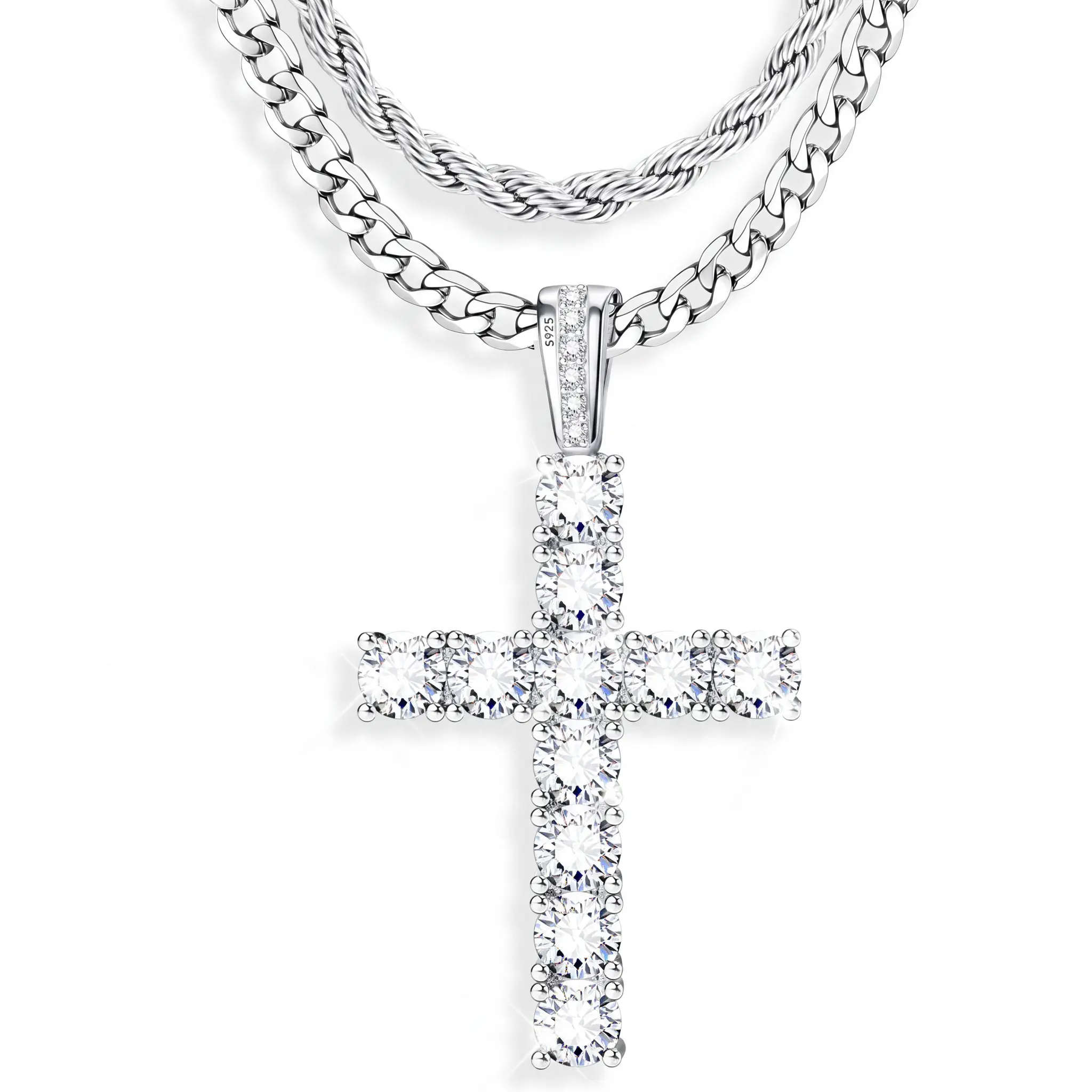 Iced Out Cross Necklaces for Women & Men, Layered Stainless Steel Cuban & Rope Link Chain Set with Alloy Pendant, Waterproof for Everyday Wear, Swimming & Workouts, Lobster Clasp, For Males, Cross Shape, 60/24 Inches, Anniversary, Birthday