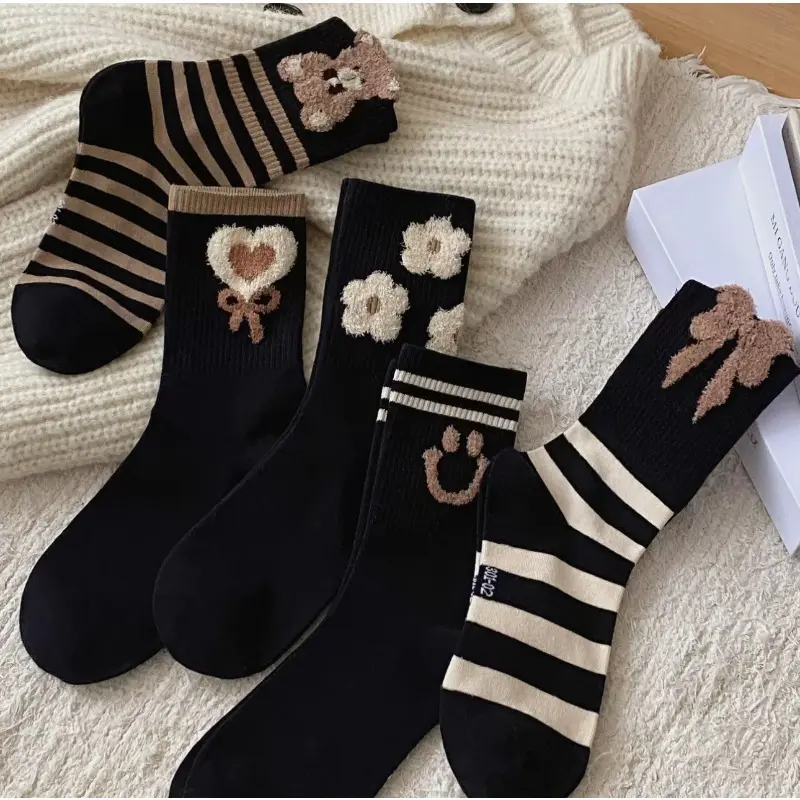 JointlyCreating Cozy Winter Socks Set - 5-Pair Plush Teddy Bear & Korean-Style Mid-Calf Socks for Women, Warm & Soft, Machine Washable, Cute for Outdoor Wear