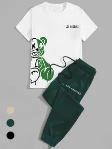 Men's Graffiti Bear Print Streetwear Set, Trendy Color Block Design, Comfortable & Stylish for Daily Wear