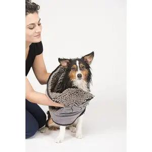 Microfiber Dog Bath Towel - Super Absorbent Fast Drying Plush Shammy |   Dual Hand Pockets & Elastic, Machine Washable Grey
