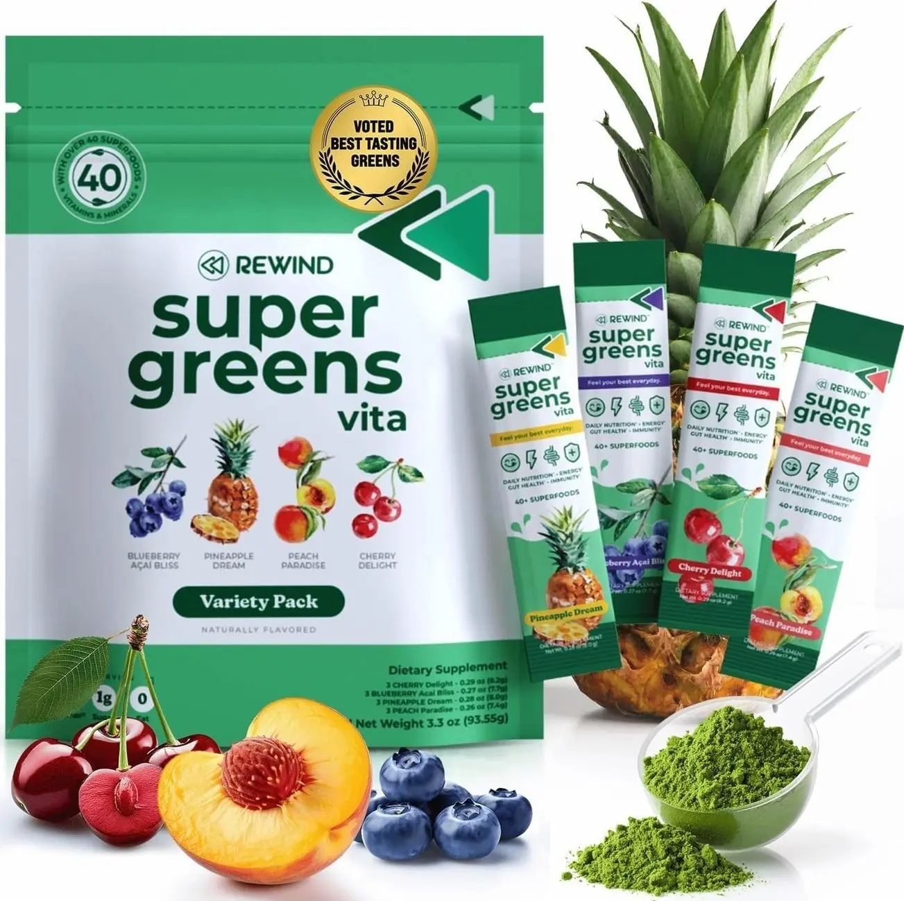 Rewind Best Tasting Vita Variety Sample Stick Pouch - Super Greens Powder Packets - Delicious Green Juice Drink Mix with Amazing Flavor - Over 40 Superfoods - Variety Pack (12 Sticks)