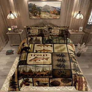 Rustic Cabin Comforter Set ,Wildlife Hunting Quilt Set Bear Deer Elk Fish Hunting Bedding Set for Kids Boys Teens Room Decor,Western Country Farmhouse Duvet Insert