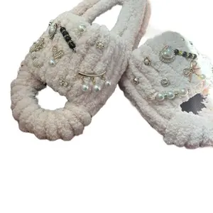 Custom Bling Junk Sandals with Pearl and Bow Decorations Soft Fuzzy Design for Women & Girls Comfortable Elegant Walking Shoes Footwear