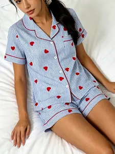Women's Short Sleeve Pajama Set, Blue Striped Heart Print, Loose-Fitting Casual Sleepwear, Loungewear, All Seasons Home Wear