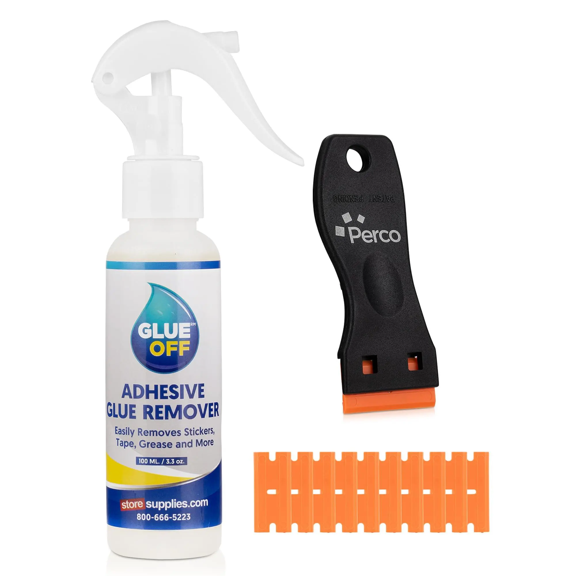 Perco Glue Off Adhesive Remover Kit - 3.3 fl oz Multipurpose Cleaner, Sticker Remover, Sticky Residue Dissolver with Scraper and Plastic Razor
